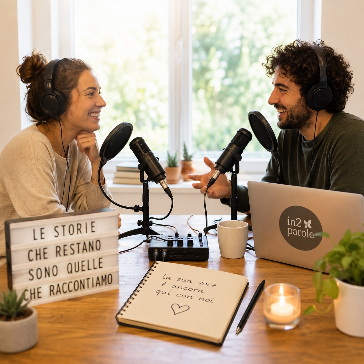 Due persone registrano un podcast per condividere ricordi e custodire attraverso la voce la memoria di una persona cara.